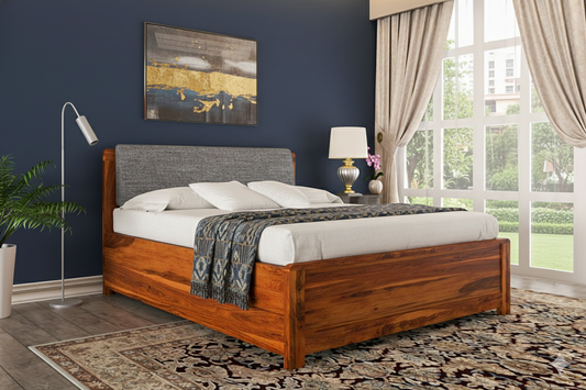 Elm Furniture Sheesham Wood Bed with Upholstered Headboard & Drawer Storage – Honey (King Size)