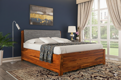 Elm Furniture Sheesham Wood Bed with Upholstered Headboard & Drawer Storage – Honey (King Size)