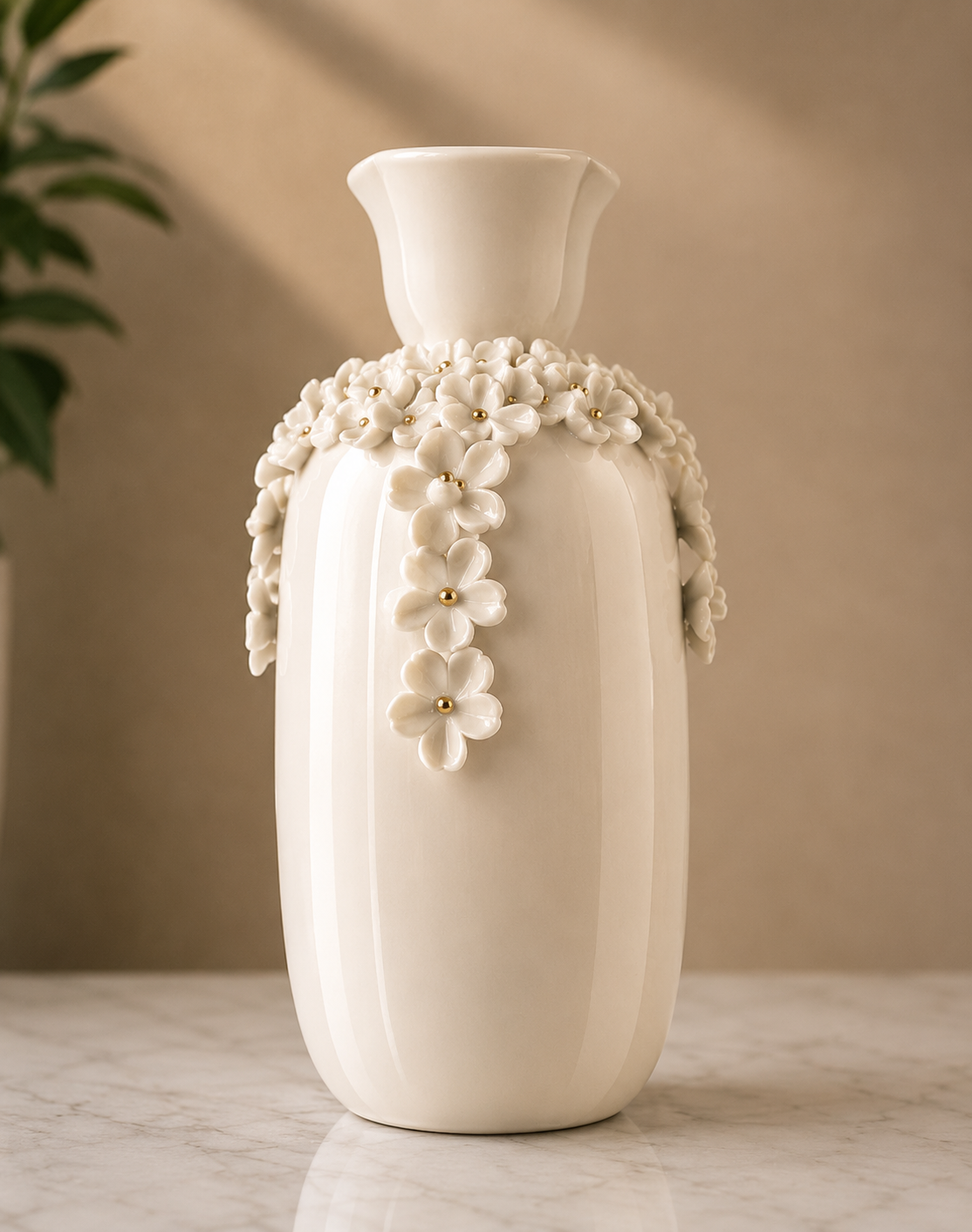 Elegant White Floral Embossed Ceramic Vase