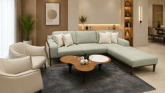 Modern Scandinavian Sage Green Fabric Sectional Sofa with Right-Hand Chaise and Designer Accent Chairs