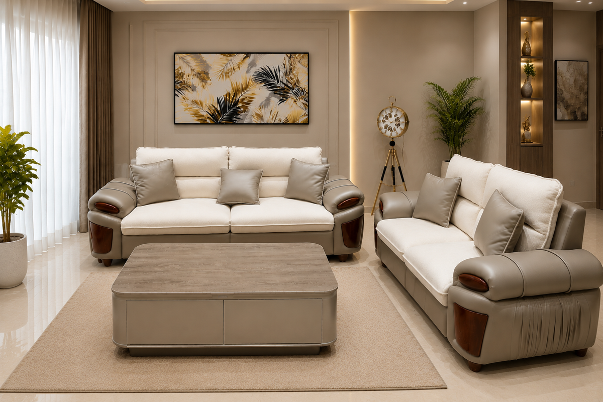 Royal Milano Luxury Dual-Tone Premium Fabric & Leatherette Living Room Sofa Set with Designer Wooden Accents