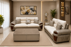 Royal Milano Luxury Dual-Tone Premium Fabric & Leatherette Living Room Sofa Set with Designer Wooden Accents