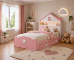 Pastel Pink House-Shaped Kids Bed with Built-in Underbed Storage, Soft Curved Footboard, Heart Handles, Display Headboard Shelf, and Cozy Bedroom Theme