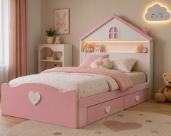 Pastel Pink House-Shaped Kids Bed with Built-in Underbed Storage, Soft Curved Footboard, Heart Handles, Display Headboard Shelf, and Cozy Bedroom Theme