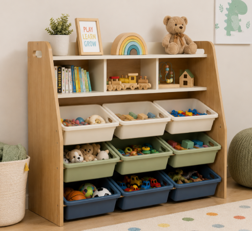 Smart Playroom Toy Storage Unit with Open Shelves and Colorful Organizer Bins