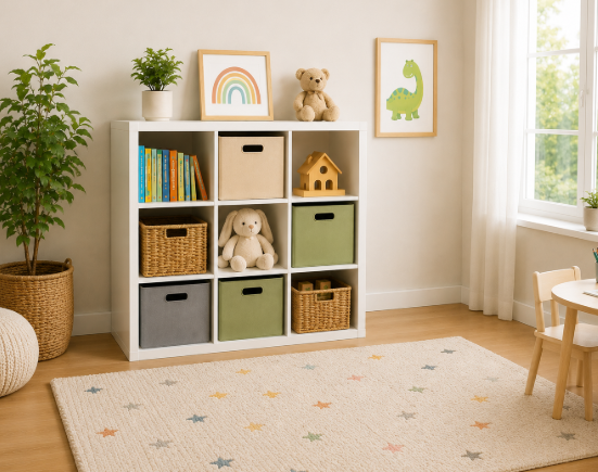 Modern 3x3 Kids Toy Storage Organizer with Fabric Bins & Open Display Shelves