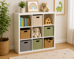 Modern 3x3 Kids Toy Storage Organizer with Fabric Bins & Open Display Shelves