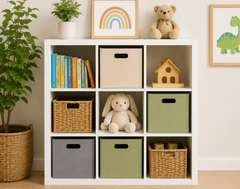 Modern 3x3 Kids Toy Storage Organizer with Fabric Bins & Open Display Shelves