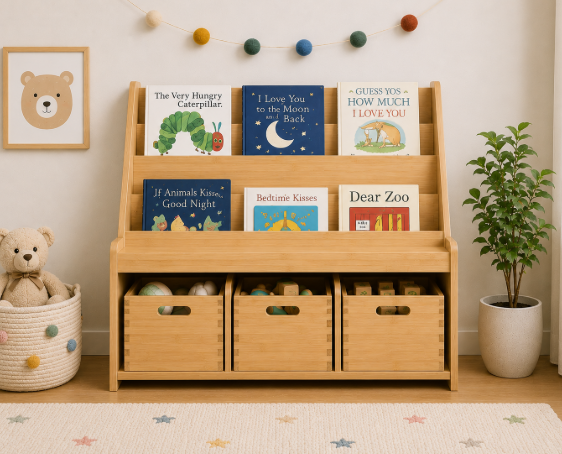 Premium Natural Wooden Kids Book Display & Toy Storage Organizer with Pull-Out Crates