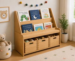 Premium Natural Wooden Kids Book Display & Toy Storage Organizer with Pull-Out Crates