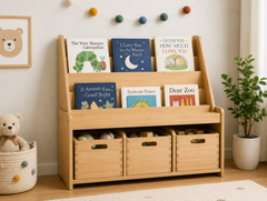 Premium Natural Wooden Kids Book Display & Toy Storage Organizer with Pull-Out Crates
