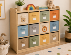 Premium Pastel Kids Fabric Drawer Toy Storage Organizer with Multi-Color Bins and Light Wooden Frame