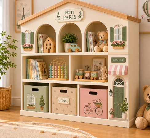 European Cottage Paris Theme Kids Toy Storage Unit with House-Shaped Roof, Open Arched Shelves and Pastel Storage Boxes