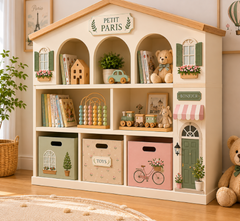 European Cottage Paris Theme Kids Toy Storage Unit with House-Shaped Roof, Open Arched Shelves and Pastel Storage Boxes