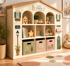 European Cottage Paris Theme Kids Toy Storage Unit with House-Shaped Roof, Open Arched Shelves and Pastel Storage Boxes