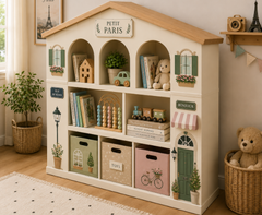 European Cottage Paris Theme Kids Toy Storage Unit with House-Shaped Roof, Open Arched Shelves and Pastel Storage Boxes