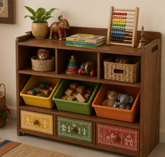 Indian Folk Art Wooden Kids Toy Storage Unit with Open Cubbies, Colorful Tilt Bins, Hand-Painted Drawer Fronts & Display Top Shelf