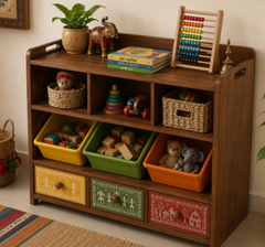 Indian Folk Art Wooden Kids Toy Storage Unit with Open Cubbies, Colorful Tilt Bins, Hand-Painted Drawer Fronts & Display Top Shelf