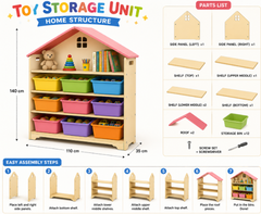 Large House-Shaped Kids Toy Storage Unit with Pink Roof, Open Shelves, and Colorful Toy Organizer Bins