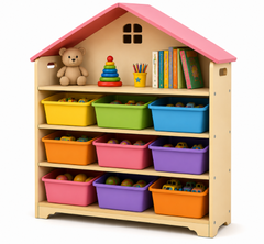 Large House-Shaped Kids Toy Storage Unit with Pink Roof, Open Shelves, and Colorful Toy Organizer Bins