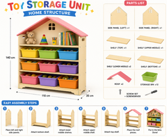 Large House-Shaped Kids Toy Storage Unit with Pink Roof, Open Shelves, and Colorful Toy Organizer Bins