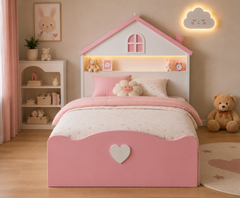 Pastel Pink House-Shaped Kids Bed with Built-in Underbed Storage, Soft Curved Footboard, Heart Handles, Display Headboard Shelf, and Cozy Bedroom Theme