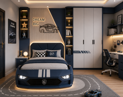 Modern Racing Car Kids Bed with LED Lights and Sporty Bedroom Setup