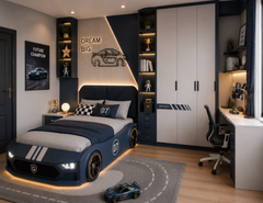 Modern Racing Car Kids Bed with LED Lights and Sporty Bedroom Setup