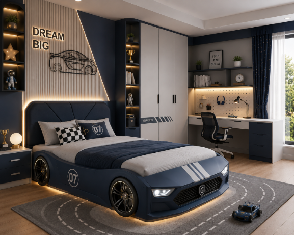 Modern Racing Car Kids Bed with LED Lights and Sporty Bedroom Setup