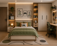 Modern Wooden Kids Bed with Warm Neutral Bedroom Layout, Study Corner & Smart Storage Design