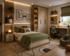 Modern Wooden Kids Bed with Warm Neutral Bedroom Layout, Study Corner & Smart Storage Design