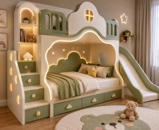 Modern Sage Green Kids Loft Bed with Slide, Storage Stairs, Cloud Headboard, LED Lighting and Playful Bedroom Design