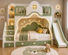 Modern Sage Green Kids Loft Bed with Slide, Storage Stairs, Cloud Headboard, LED Lighting and Playful Bedroom Design
