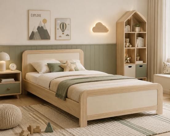 Nordic Calm Unisex Kids Wooden Bed with Soft Sage Green Backrest Theme
