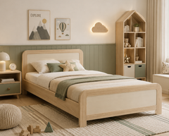 Nordic Calm Unisex Kids Wooden Bed with Soft Sage Green Backrest Theme