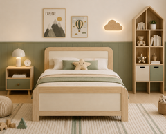 Nordic Calm Unisex Kids Wooden Bed with Soft Sage Green Backrest Theme