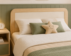 Nordic Calm Unisex Kids Wooden Bed with Soft Sage Green Backrest Theme