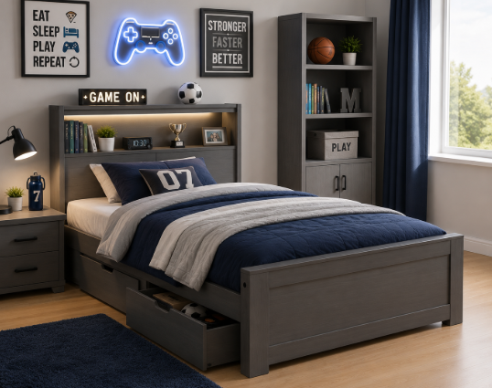 Modern Gaming Sports Theme Boys Bed with LED Shelf Headboard