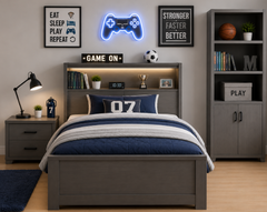 Modern Gaming Sports Theme Boys Bed with LED Shelf Headboard