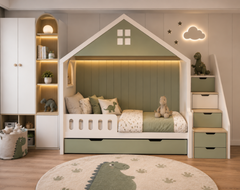 Sage Green House-Shaped Kids Bed with Storage Stairs