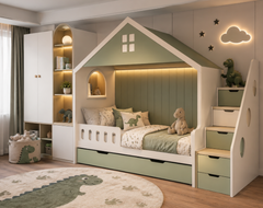 Sage Green House-Shaped Kids Bed with Storage Stairs
