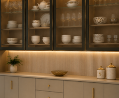 Modern Classic Glass Crockery Display Cabinet with Gold Frame and Warm LED Lighting
