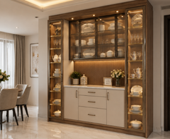 Modern Classic Glass Crockery Display Cabinet with Gold Frame and Warm LED Lighting