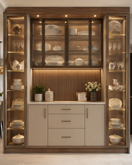 Modern Classic Glass Crockery Display Cabinet with Gold Frame and Warm LED Lighting