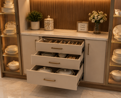 Modern Premium Walnut Glass Crockery Display Unit with Open Drawer Storage and Warm LED Lighting