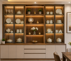 Premium Walnut Glass Crockery Display Unit