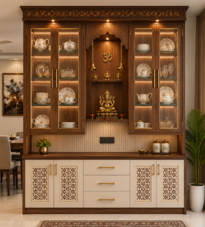 Traditional Indian Wooden Crockery Display Unit with Pooja Space, Glass Cabinets, Open Drawers, Jali Doors, Brass Handles.
