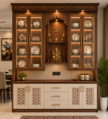 Traditional Indian Wooden Crockery Display Unit with Pooja Space, Glass Cabinets, Open Drawers, Jali Doors, Brass Handles.