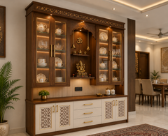 Traditional Indian Wooden Crockery Display Unit with Pooja Space, Glass Cabinets, Open Drawers, Jali Doors, Brass Handles.