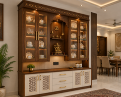 Traditional Indian Wooden Crockery Display Unit with Pooja Space, Glass Cabinets, Open Drawers, Jali Doors, Brass Handles.